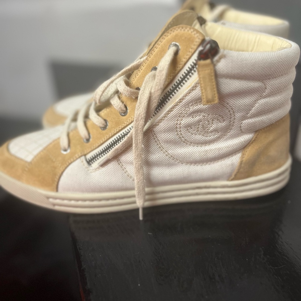 CHANEL Tan and White High-Top Sneakers